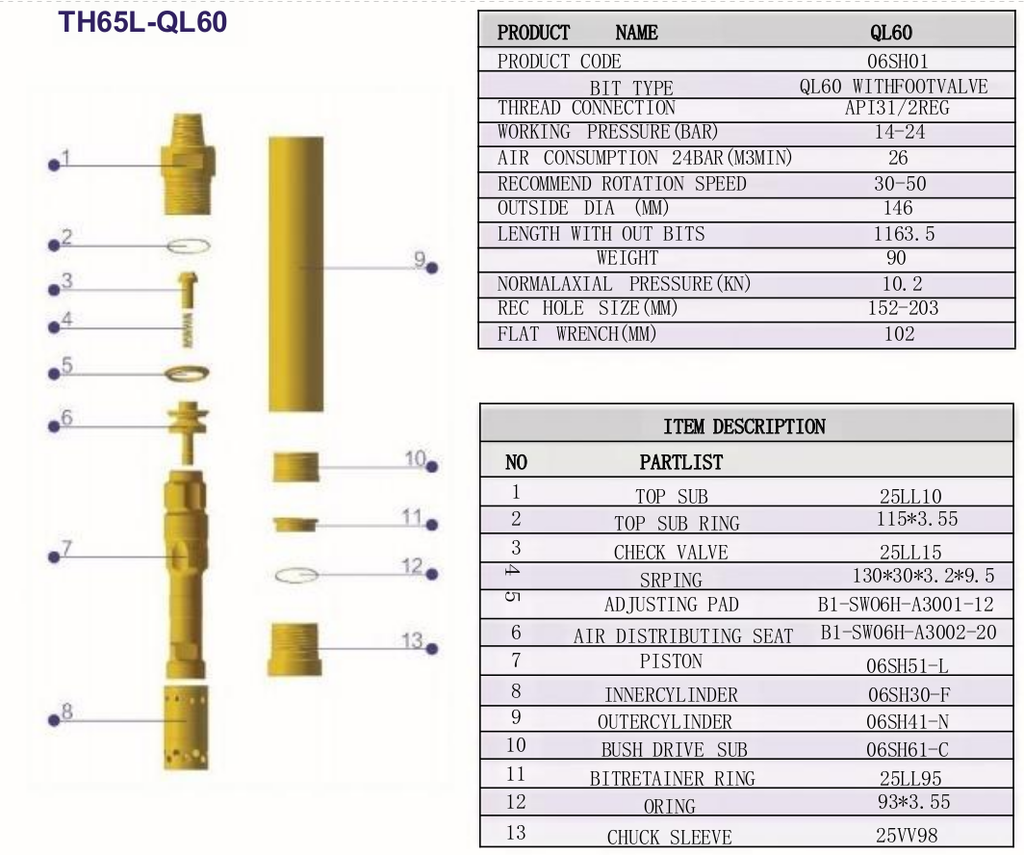 DTH HAMMER TH65L-QL60 QL  6" KQL60 API3 1/2"REG P  (D:148mm)